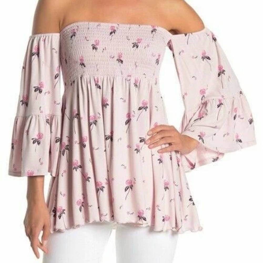 Free People Pink Floral Smocked Off The Shoulder Bell Sleeve Top XS Feminine